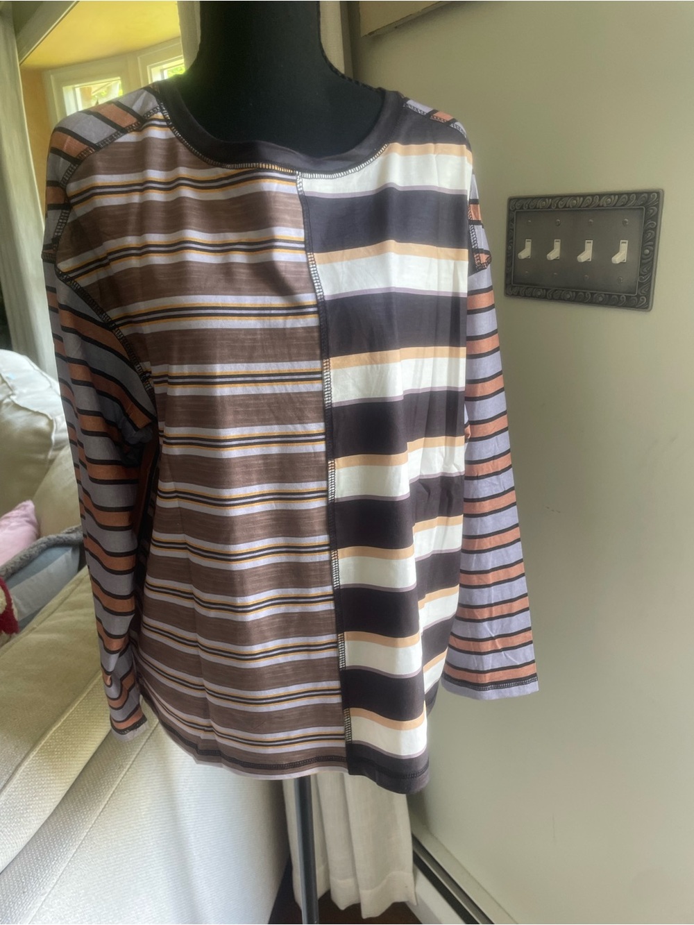 Striped Long Sleeve Mixed-Pattern Top in Brown, White & Tan Oversized